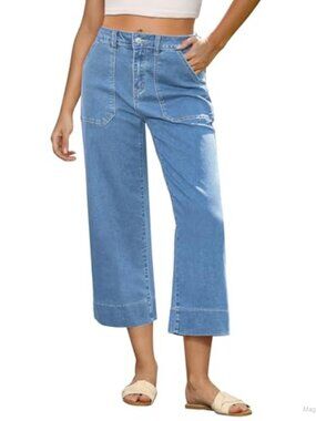Capri Jeans High Waisted Wide Leg Stretchy Cropped Denim Pants